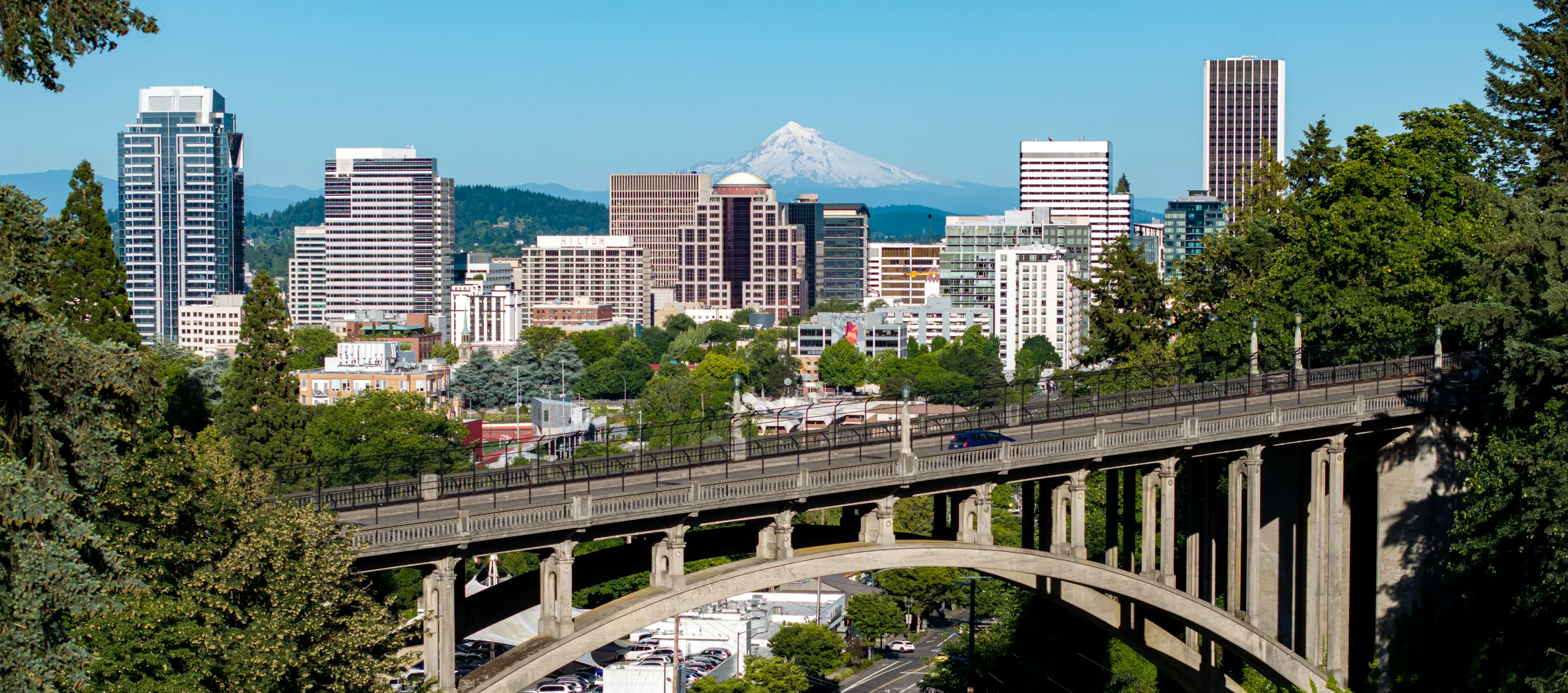 Downtown Portland, Oregon, seen over the Vista Bridge with Mount Hood on the horizon